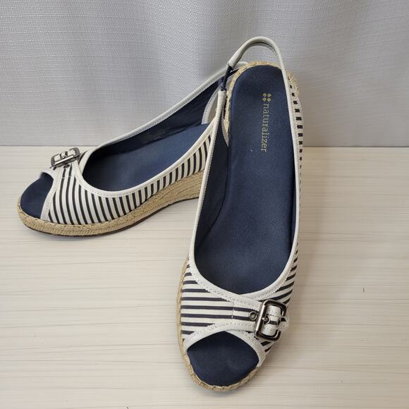 Naturalizer Navy White Stripe Espadrille Slingback Wedge, 9 - Picture 1 of 12